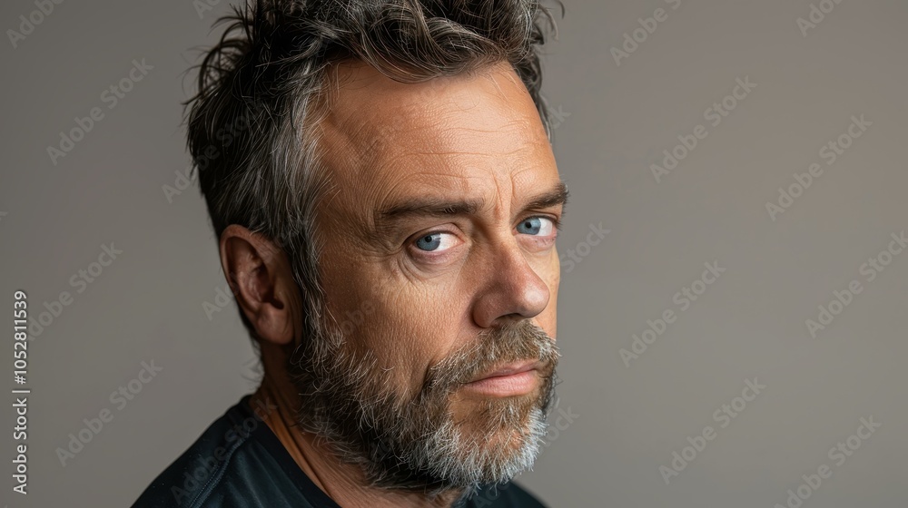 Obraz premium A middleaged man with a thoughtful expression, posed against a smooth grey background for a striking portrait.