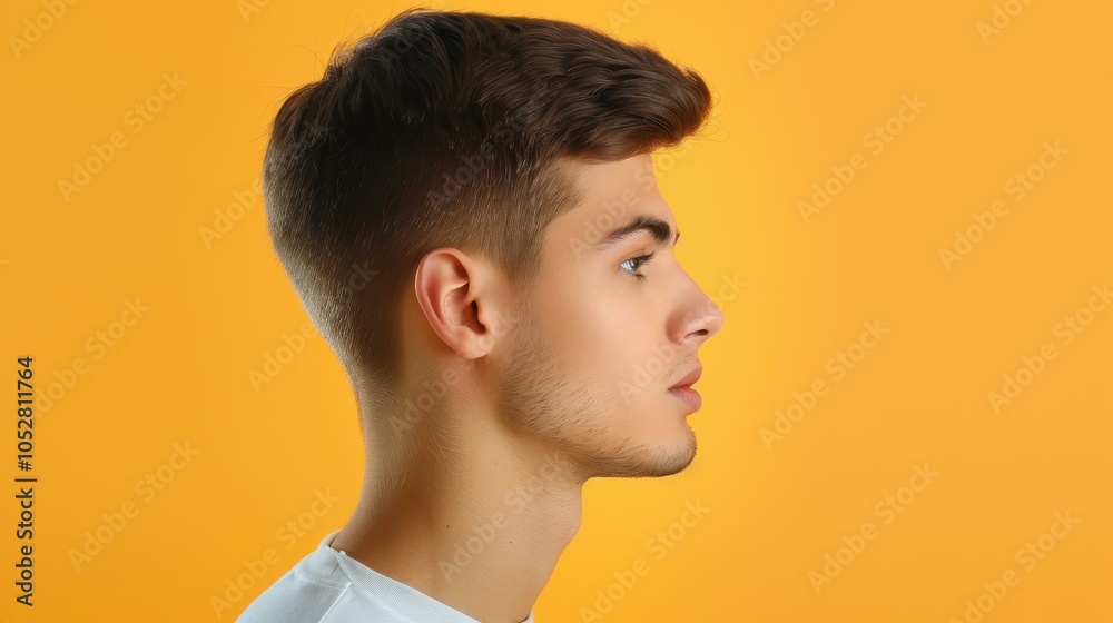 Young man in a stylish shirt poses confidently against a bright yellow background, perfect for a fresh look. Young man in a stylish shirt poses confidently against a bright yellow background, perfect for a fresh look.
