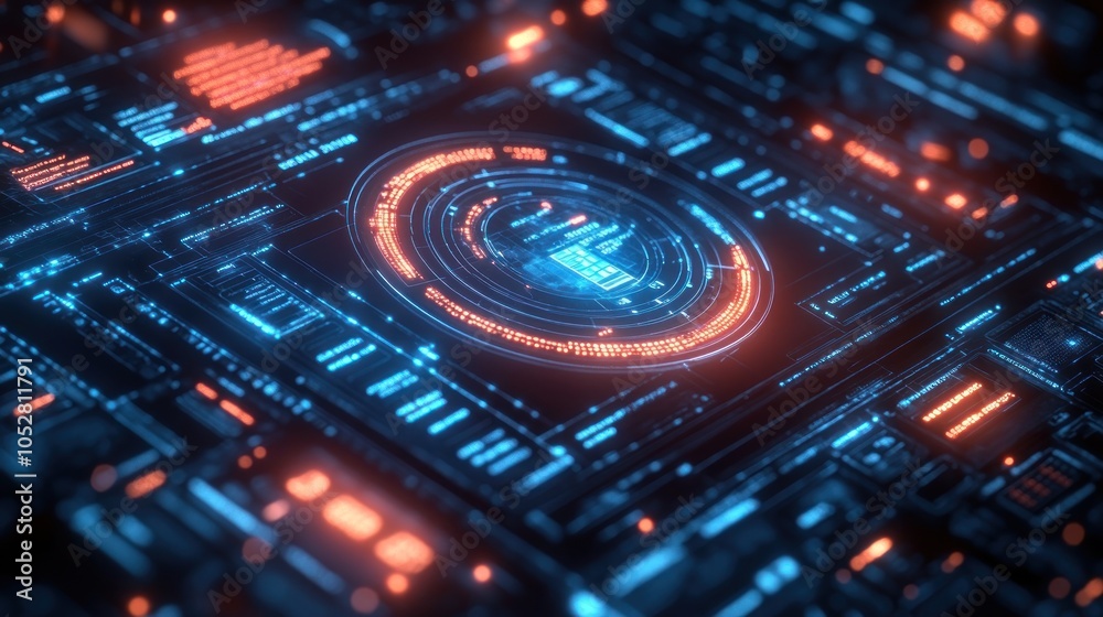 Futuristic digital interface with glowing elements and circuitry.