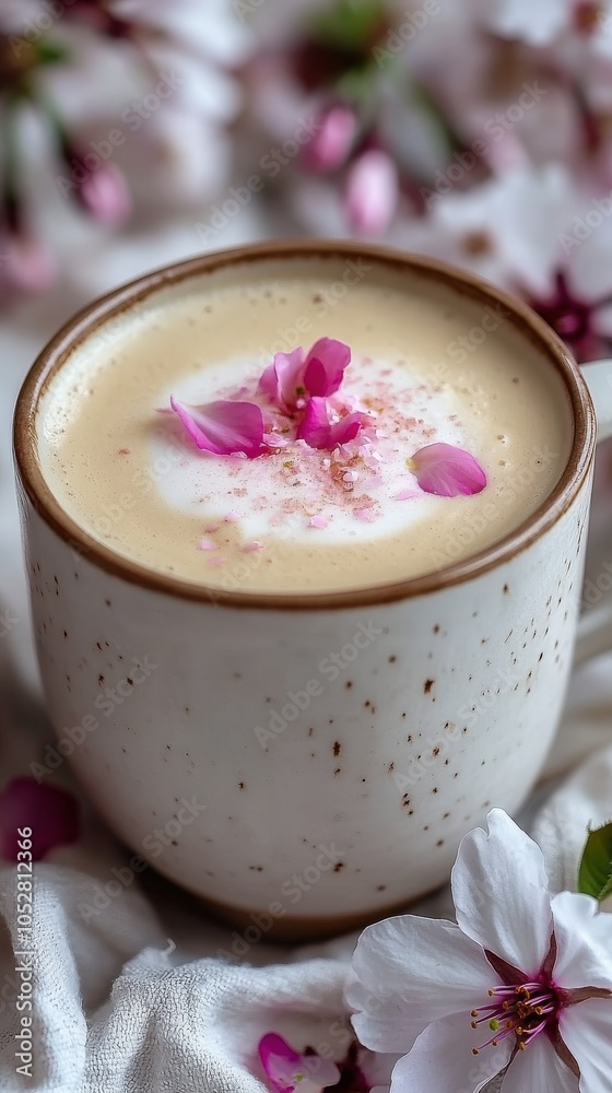 Creamy Latte with Delicate Pink Flower Petals in Speckled Stoneware Mug on Cozy White Fabric Surrounded by Blossoms - Perfect for Relaxation and Coffee Lovers Creamy Latte with Delicate Pink Flower Petals in Speckled Stoneware Mug on Cozy White Fabric Surrounded by Blossoms - Perfect for Relaxation and Coffee Lovers