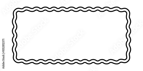 Double rectangle frame with scalloped edges. Rectangular shape with curvy borders. Empty text box or speech bubble, tag or label isolated on white background. Vector graphic illustration.