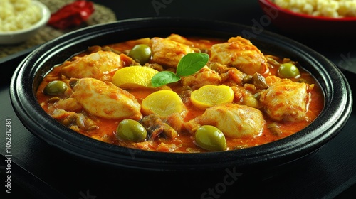 Delicious Chicken Tagine with Olives Lemons and Spices in Traditional Black Tagine Pot - Authentic Moroccan Cuisine Recipe - Savory North African Dish photo