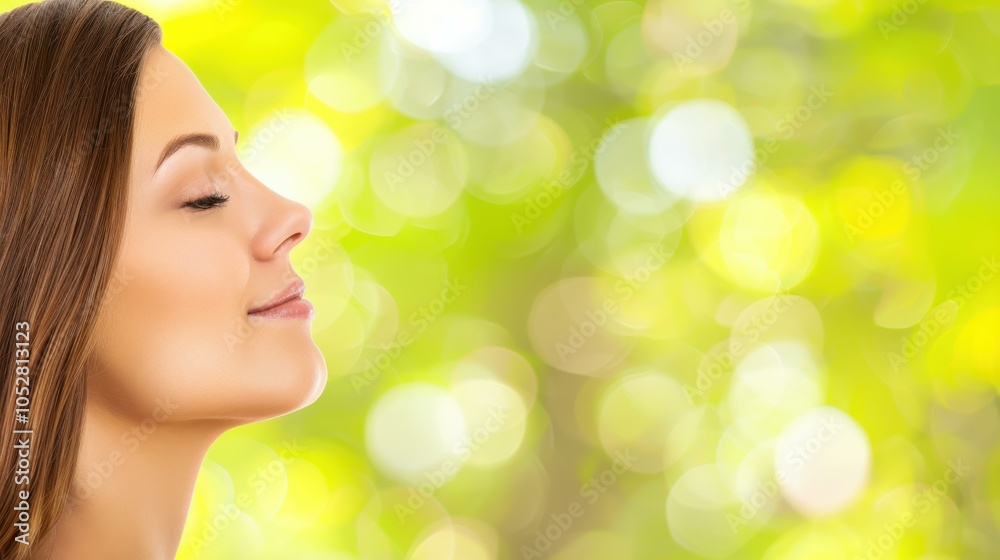 A joyful brunette enjoys fresh summer air, embracing peace with deep breaths, eyes closed in natures serene embrace. A joyful brunette enjoys fresh summer air, embracing peace with deep breaths, eyes closed in natures serene embrace.