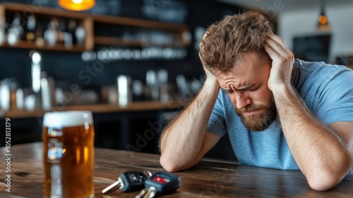A bearded man in distress sits at a bar table with a glass of beer and car keys, contemplating a decision, highlighting the risks of drinking and driving.