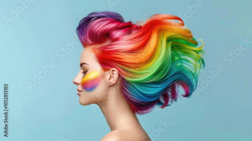 Bright and bold art makeup celebrates Pride with rainbow hair and vibrant colors, showcasing selfexpression and inclusivity. photo