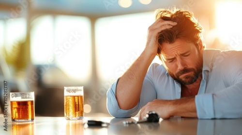 A pensive man in a bright bar holding car keys beside two drinks, creating a scene that symbolizes decision-making challenges related to drinking and driving. photo