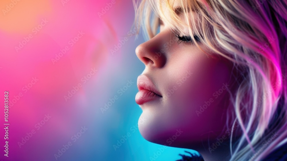 A vibrant studio portrait of a young woman, striking a pose against a dark background, showcasing colorful artistry. A vibrant studio portrait of a young woman, striking a pose against a dark background, showcasing colorful artistry.