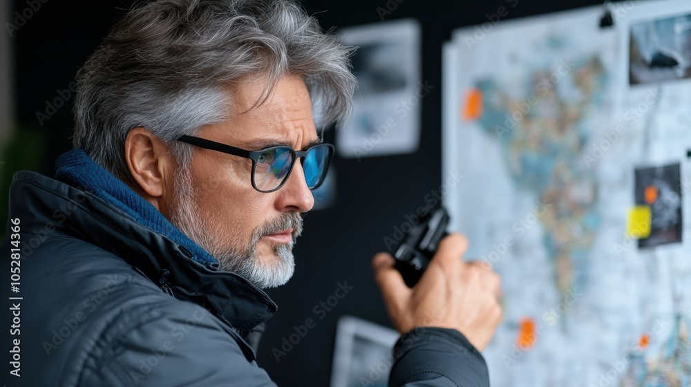 A silver-haired man wearing glasses holds a gun while intensely examining a board filled with maps and photos, depicting a scene of strategic planning or investigation. A silver-haired man wearing glasses holds a gun while intensely examining a board filled with maps and photos, depicting a scene of strategic planning or investigation.