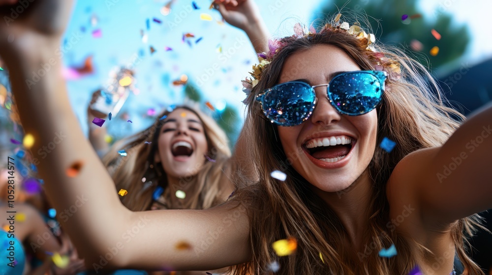 Two women with flower crowns and reflective sunglasses joyfully celebrate, surrounded by colorful confetti in a lively, festive outdoor environment filled with excitement.
