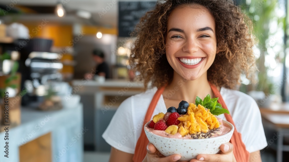 A happy woman wearing an apron holds a bowl of granola topped with colorful fruits and garnished with mint, in a lively café setting, exuding joy and satisfaction. A happy woman wearing an apron holds a bowl of granola topped with colorful fruits and garnished with mint, in a lively café setting, exuding joy and satisfaction.