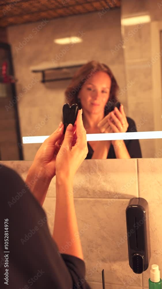 Young Woman Uses Gua Sha for Facial Wrinkle Removal in Front of Bathroom Mirror Young Woman Uses Gua Sha for Facial Wrinkle Removal in Front of Bathroom Mirror