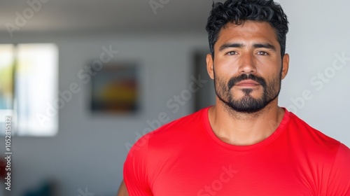 A close-up portrait of a man wearing a red shirt, exuding a calm and confident demeanor, captured in a modern setting that highlights his thoughtful expression. photo