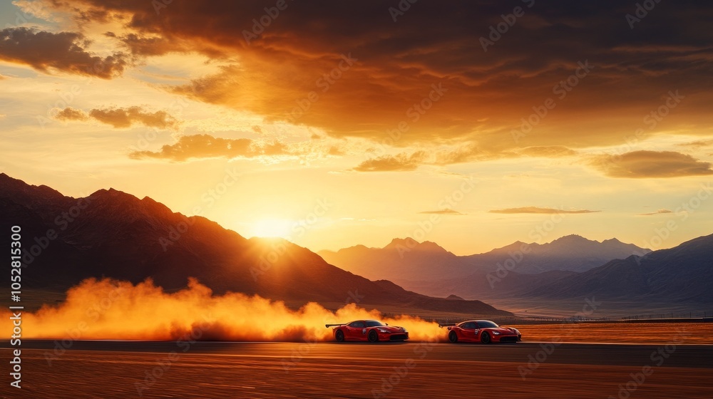 Red Sports Cars Drifting on Desert Track at Sunset Red Sports Cars Drifting on Desert Track at Sunset