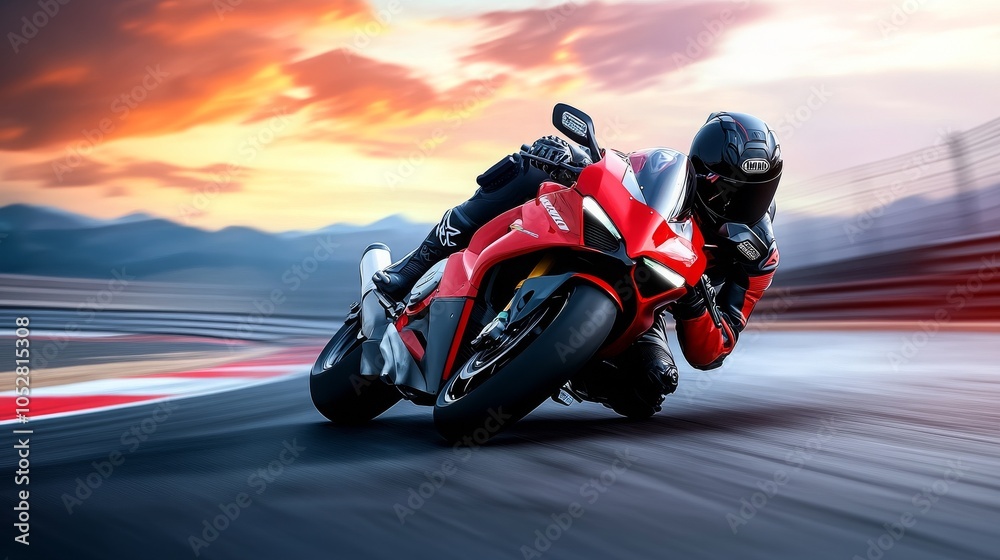 Obraz premium Motorcycle Racer Leaning into a Turn on Track at Sunset