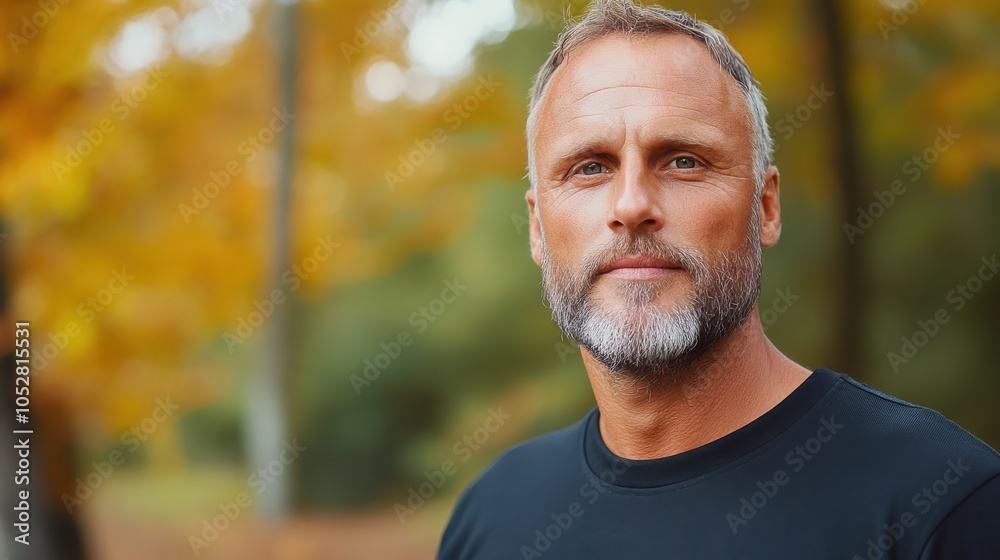 A gray-haired man with a neatly trimmed beard looks confidently into the camera, standing outdoors amid bokeh autumnal foliage in short sleeve black shirt. A gray-haired man with a neatly trimmed beard looks confidently into the camera, standing outdoors amid bokeh autumnal foliage in short sleeve black shirt.
