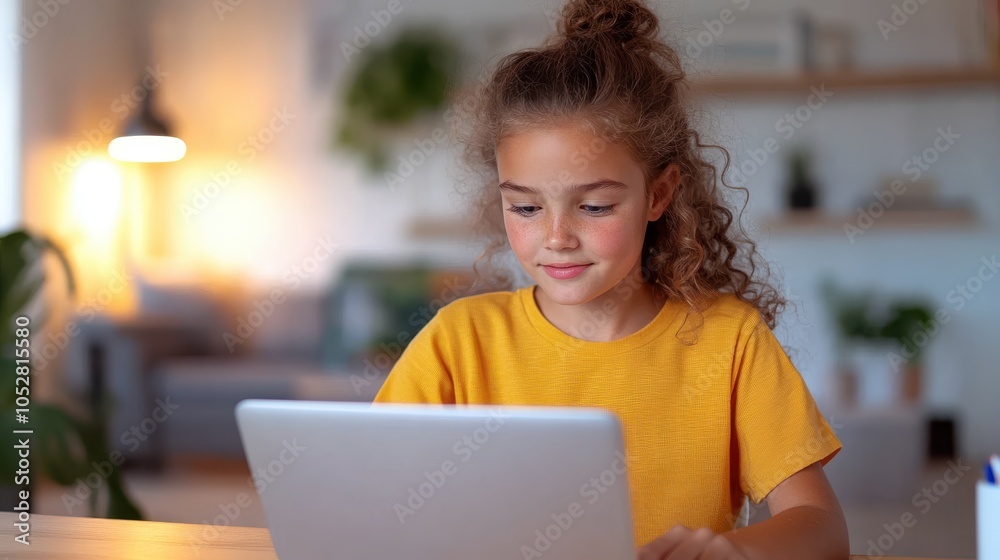 A young girl with curly hair sits at a light-filled desk with her laptop, engaging deeply in an educational or creative task in a cozy home environment.