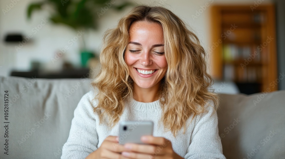 A light-hearted woman with wavy hair laughs heartily as she interacts with her smartphone, the backdrop of a cozy indoor setting enhancing the warmth of the moment. A light-hearted woman with wavy hair laughs heartily as she interacts with her smartphone, the backdrop of a cozy indoor setting enhancing the warmth of the moment.