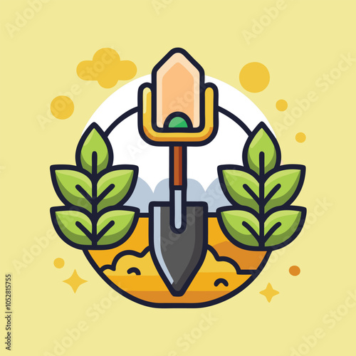 A cartoon shovel ready to dig in the earth.