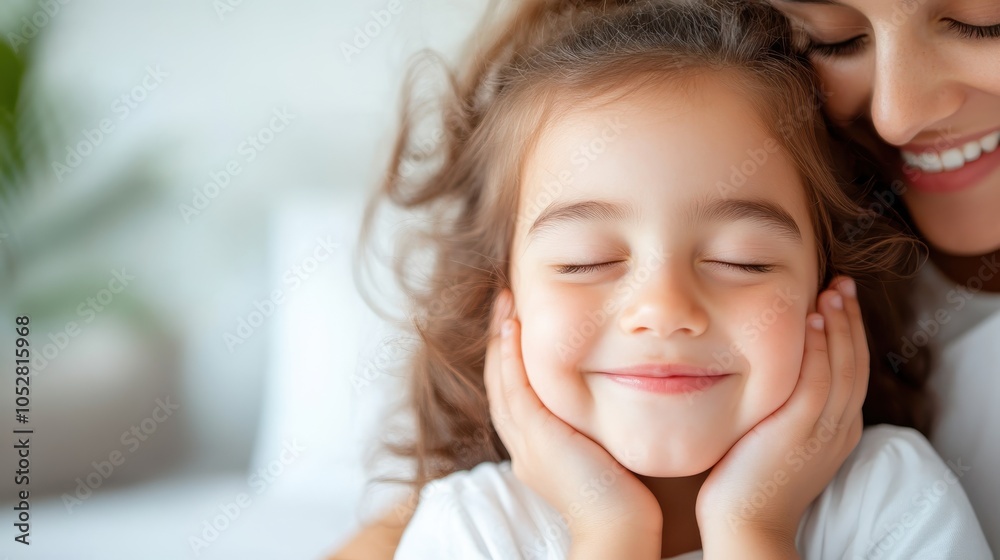 A young girl with brown hair rests her head against an adult, both smiling with closed eyes, creating a warm and tender moment filled with love and affection indoors. A young girl with brown hair rests her head against an adult, both smiling with closed eyes, creating a warm and tender moment filled with love and affection indoors.