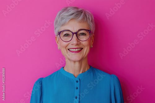 Woman smiling, wearing glasses.