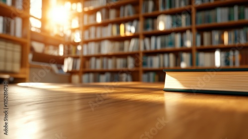 A library room bathed in sunlight with a single book on a wooden table, creating a warm and serene atmosphere for reading or studying peacefully.