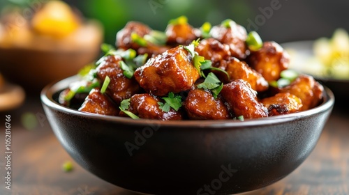 A close-up image of a bowl filled with appetizing saucy glazed chicken bites garnished with fresh herbs, evoking a sense of taste and culinary delight.