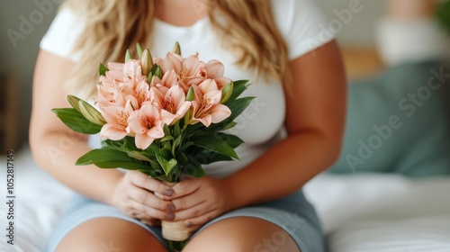 A casually dressed woman sits comfortably with a pink lily bouquet, representing a sense of calm, relaxation, and connection to nature's beauty and simplicity. photo