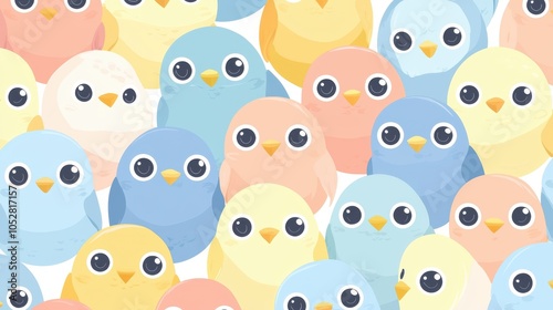 A vibrant collection of adorable pastel-colored birds with big eyes, creating a cheerful and whimsical pattern.