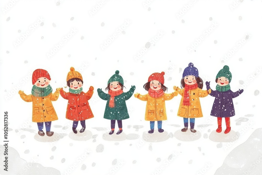 Cheerful children playing in the snow, wearing colorful winter outfits and enjoying a snowy day together.