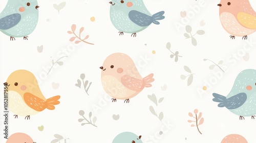 Cute and colorful birds on a soft pastel background, perfect for whimsical designs or children's themes.