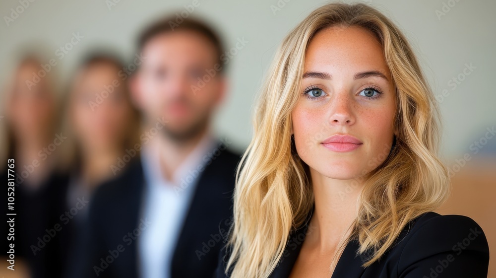 A confident blonde woman with a serious expression stands out in a professional setting, representing leadership and determination against a blurred background. A confident blonde woman with a serious expression stands out in a professional setting, representing leadership and determination against a blurred background.