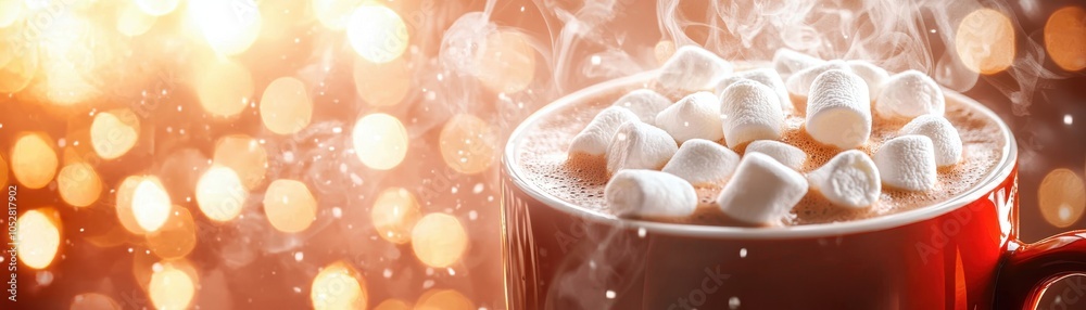Warm and inviting cup of hot chocolate topped with fluffy marshmallows against a sparkling festive background. Warm and inviting cup of hot chocolate topped with fluffy marshmallows against a sparkling festive background.