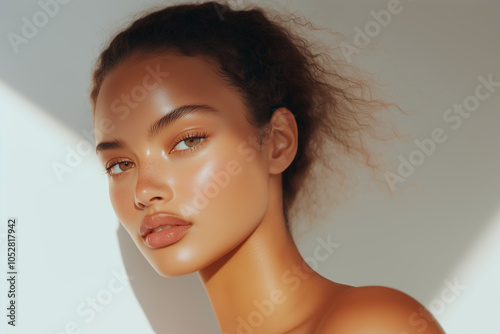 beautiful black african brown latina model with curly hair against white background makeup natural clean aesthetic skincare glowing skin plain white background