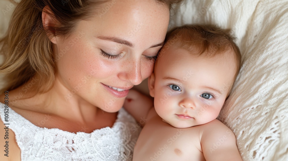 A mother and her baby snuggle closely on a plush white blanket, conveying warmth and affection in a serene, intimate setting, highlighting tender maternal love. A mother and her baby snuggle closely on a plush white blanket, conveying warmth and affection in a serene, intimate setting, highlighting tender maternal love.