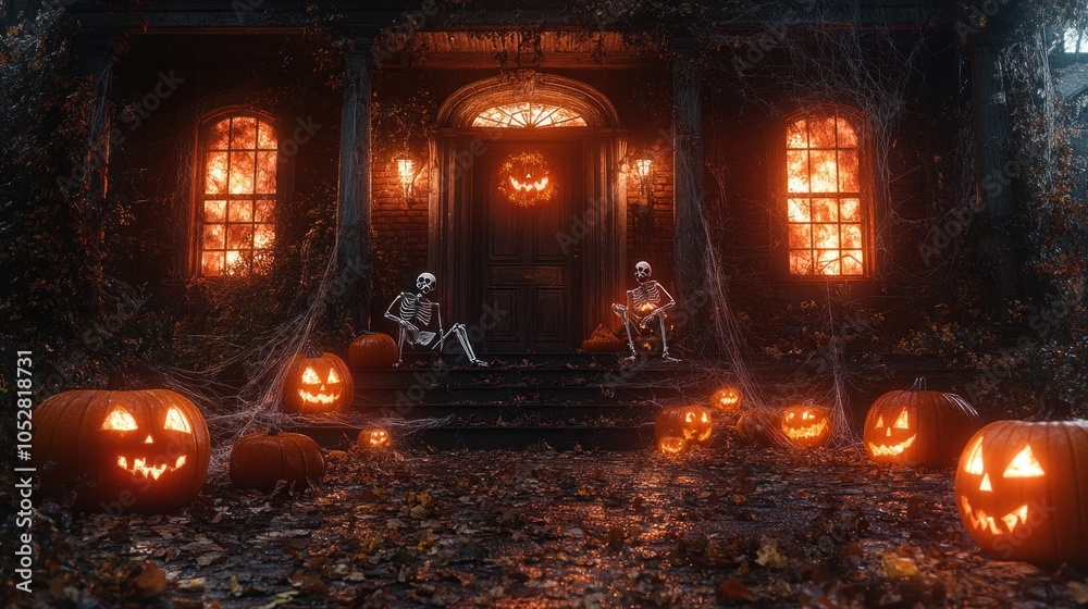 Obraz premium Spooky Halloween scene with skeletons and carved pumpkins.
