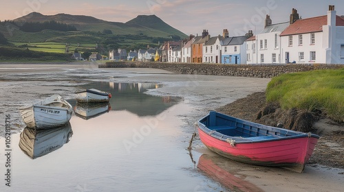 Boats Moored in a Coastal Village at Low Tide with Hills in the Background