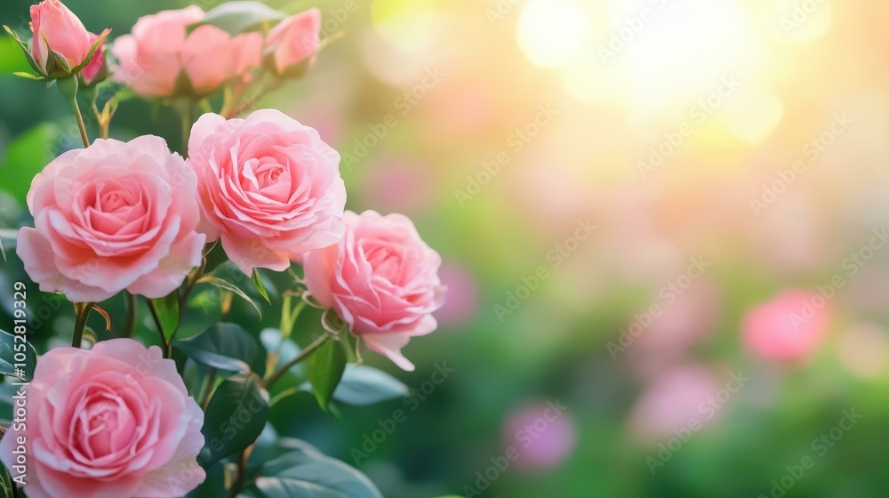 A vibrant display of pink roses and peonies blooms in a lush garden, creating a dreamy, defocused backdrop of nature.