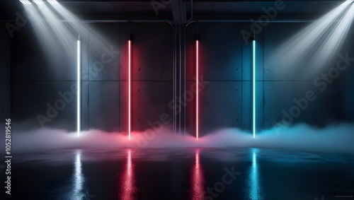 High-Contrast Neon LED Light Bars in Industrial Space with Fog – Ambient Lighting Setup for Photography and Video Production.