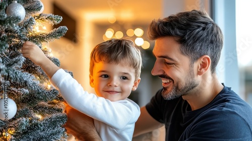 A joyful father and his young son are caught in a candid moment decorating their Christmas tree, radiating joy and the spirit of the festive season. photo