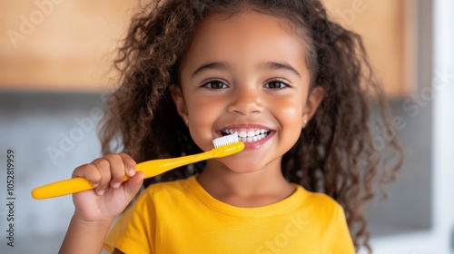 A young child with curly hair and a yellow shirt diligently brushes their teeth, emphasizing the importance of dental hygiene and daily routines in a cheerful manner.