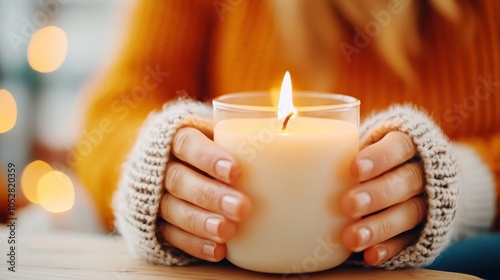 A close-up of hands wearing knitted sleeves holding a candle with a glowing flame, creating a cozy and inviting atmosphere, evoking warmth and comfort. photo
