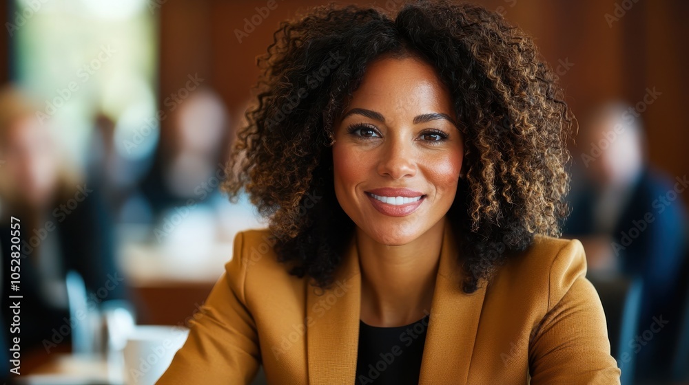 A confident woman with curly hair wearing a mustard-colored blazer smiles warmly, engaging in a corporate setting with blurred colleagues in the background. A confident woman with curly hair wearing a mustard-colored blazer smiles warmly, engaging in a corporate setting with blurred colleagues in the background.