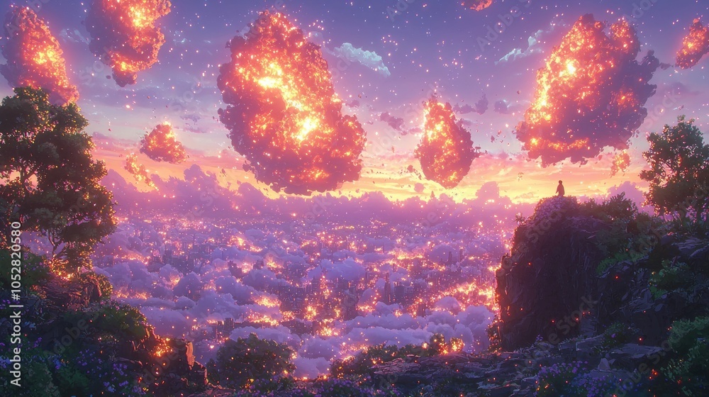 Fototapeta premium Fantasy Landscape with Fiery Clouds, a Lone Figure, and a Distant City