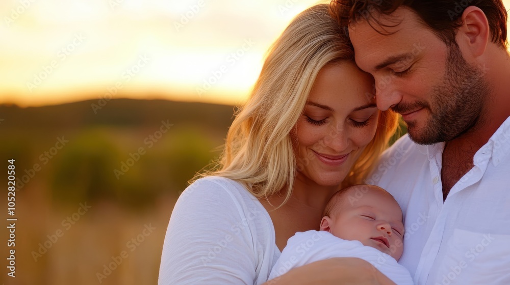 A serene couple with a sleeping newborn at sunset, radiating warmth and love, set against a backdrop of soft colors as the day fades into nightfall. A serene couple with a sleeping newborn at sunset, radiating warmth and love, set against a backdrop of soft colors as the day fades into nightfall.