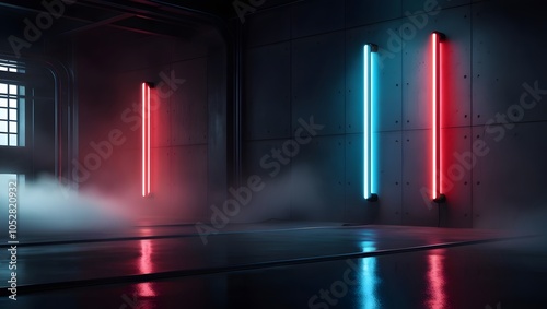 High-Contrast Neon LED Light Bars in Industrial Space with Fog – Ambient Lighting Setup for Photography and Video Production.