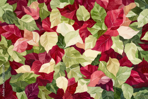 A vibrant arrangement of multicolored leaves, showcasing shades of green, red, and white, creating a visually striking natural pattern.