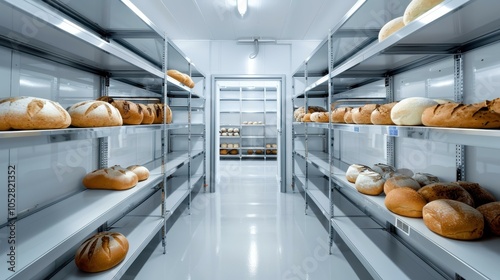 Freshly baked white bread lined on shelves in a bustling bakery factory, showcasing the art of bread making. photo