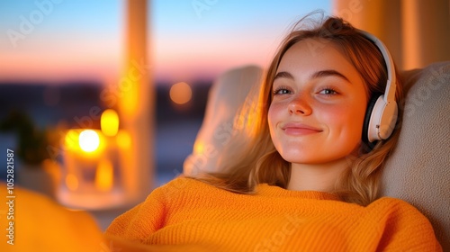 A young woman wearing headphones is lounging comfortably at home, with a candle glowing in the background, showcasing a tranquil, cozy evening setting. photo