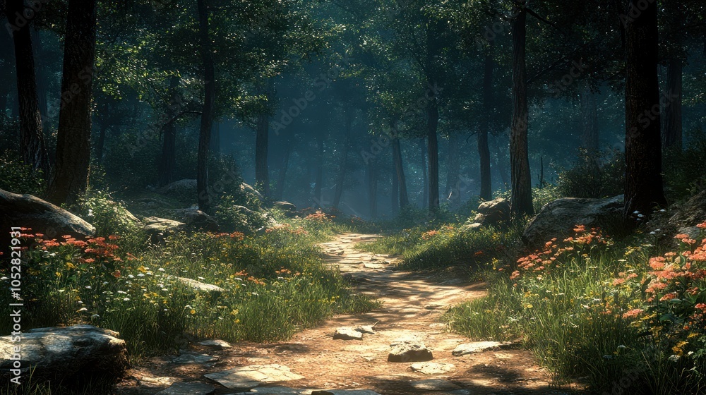 A Sunlit Path Through a Dense Forest, Leading to a Mysterious Destination A Sunlit Path Through a Dense Forest, Leading to a Mysterious Destination