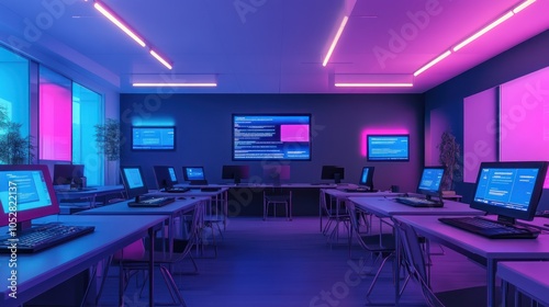 A modern computer lab with neon lights and multiple computers.